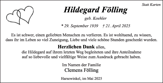Traueranzeige von Hildegard Fölling von Die Glocke