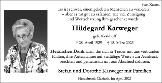 Traueranzeige von Hildegard Karweger von Die Glocke