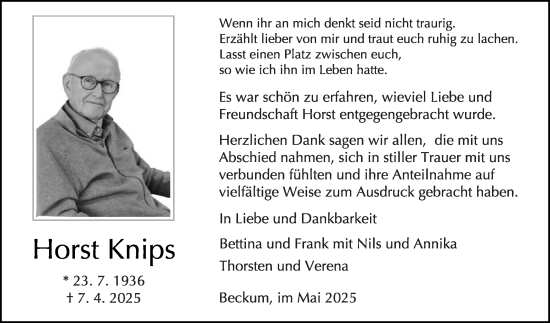 Traueranzeige von Horst Knips von Die Glocke