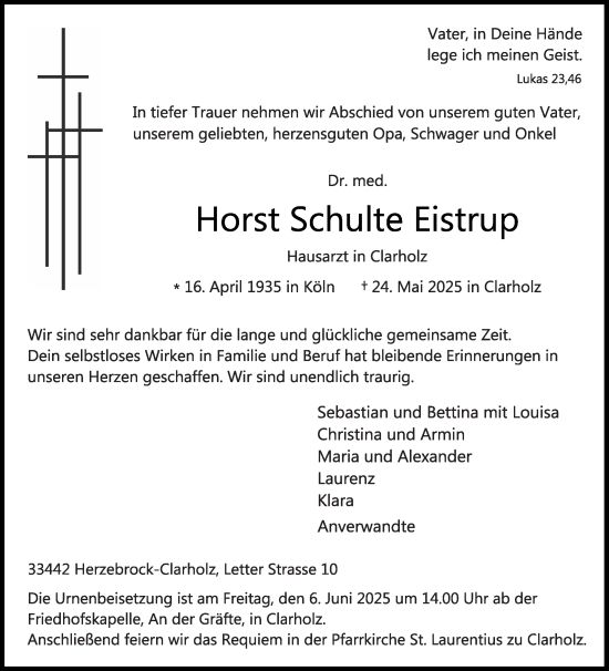 Traueranzeige von Horst Schulte Eistrup von Die Glocke
