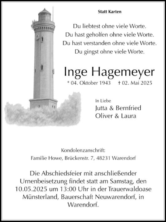 Traueranzeige von Inge Hagemeyer von Die Glocke