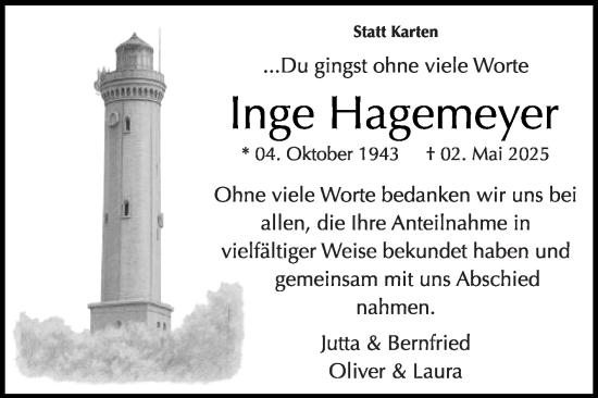 Traueranzeige von Inge Hagemeyer von Die Glocke