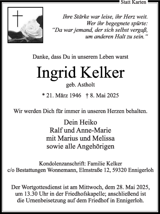 Traueranzeige von Ingrid Kelker von Die Glocke
