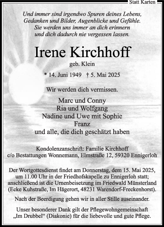 Traueranzeige von Irene Kirchhoff von Die Glocke