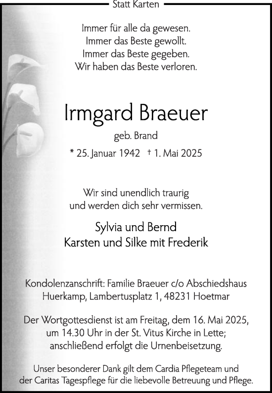 Traueranzeige von Irmgard Braeuer von Die Glocke