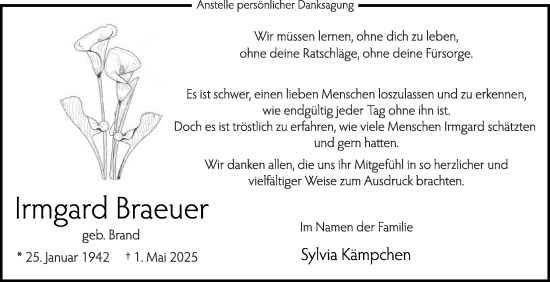 Traueranzeige von Irmgard Braeuer von Die Glocke