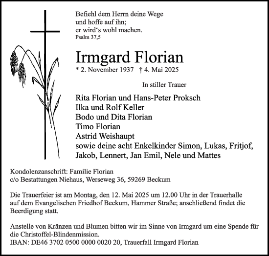 Traueranzeige von Irmgard Florian von Die Glocke