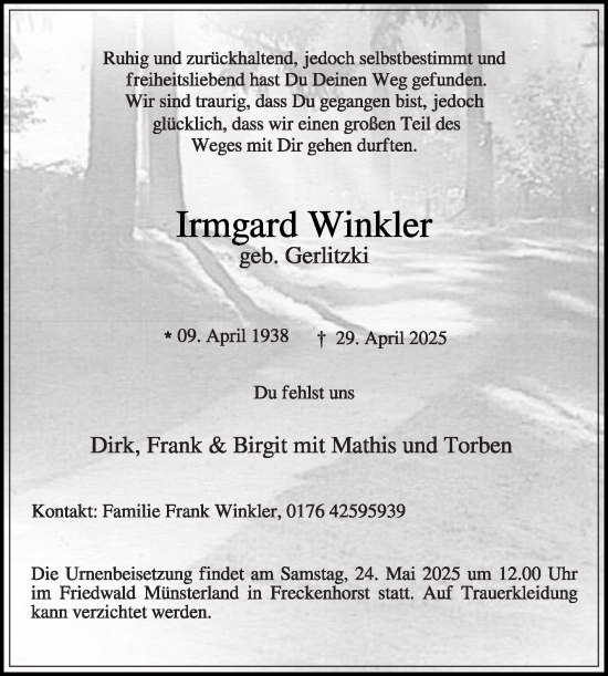 Traueranzeige von Irmgard Winkler von Die Glocke