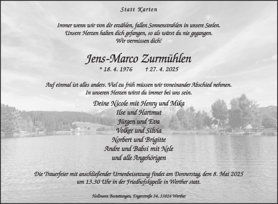 Traueranzeige von Jens-Marco Zurmühlen von Die Glocke