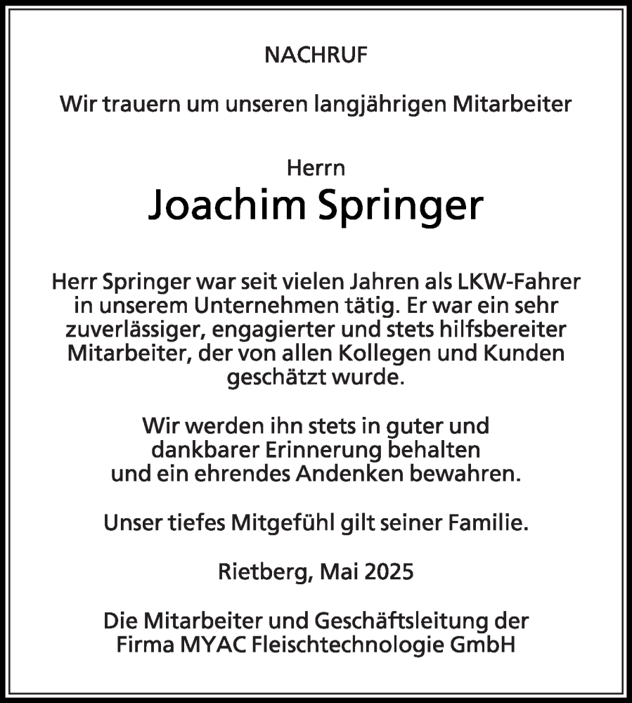  Traueranzeige für Joachim Springer vom 10.05.2025 aus Die Glocke