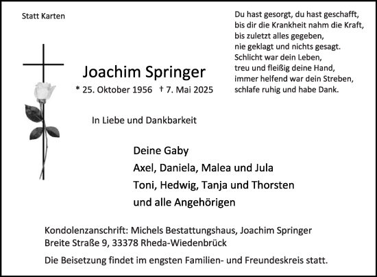 Traueranzeige von Joachim Springer von Die Glocke