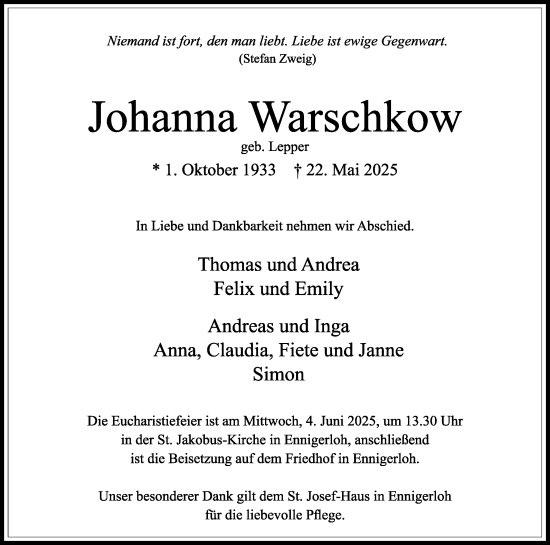 Traueranzeige von Johanna Warschkow von Die Glocke