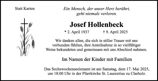 Traueranzeige von Josef Hollenbeck von Die Glocke