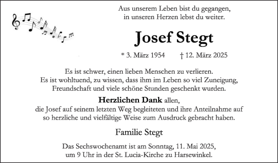 Traueranzeige von Josef Stegt von Die Glocke