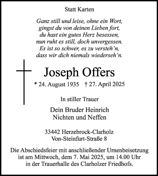 Traueranzeige von Joseph Offers von Die Glocke