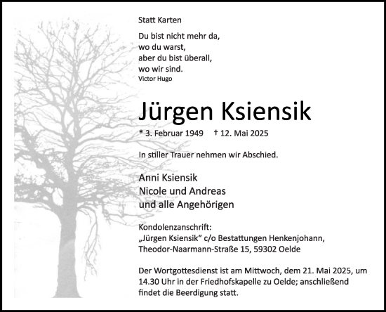 Traueranzeige von Jürgen Ksiensik von Die Glocke