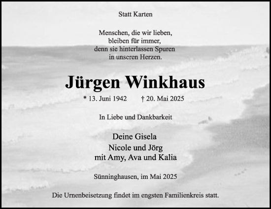 Traueranzeige von Jürgen Winkhaus von Die Glocke
