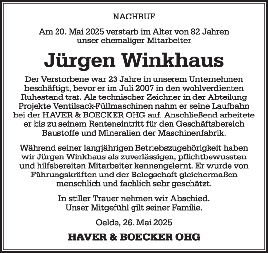 Traueranzeige von Jürgen Winkhaus von Die Glocke