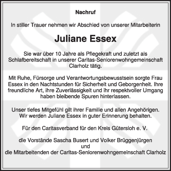 Traueranzeige von Juliane Essex von Die Glocke