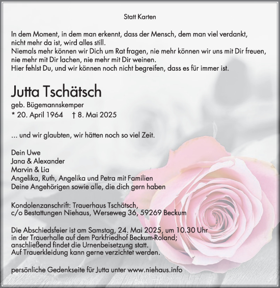 Traueranzeige von Jutta Tschätsch von Die Glocke