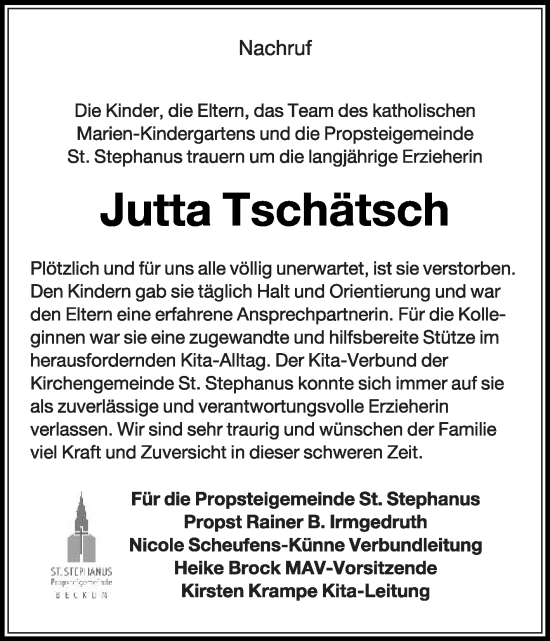 Traueranzeige von Jutta Tschätsch von Die Glocke