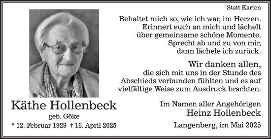 Traueranzeige von Käthe Hollenbeck von Die Glocke