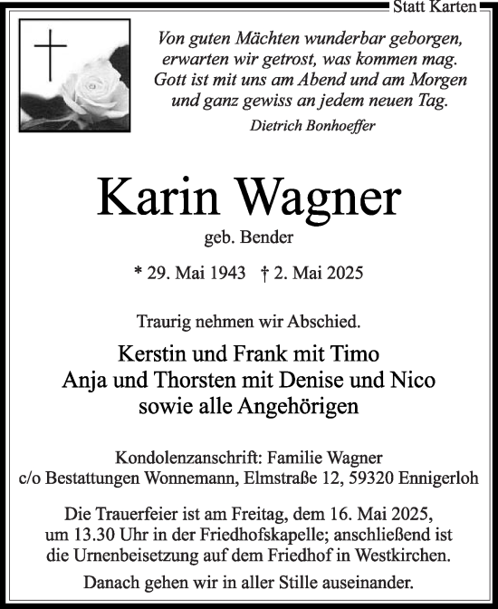 Traueranzeige von Karin Wagner von Die Glocke