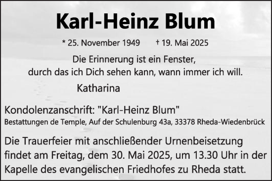 Traueranzeige von Karl-Heinz Blum von Die Glocke