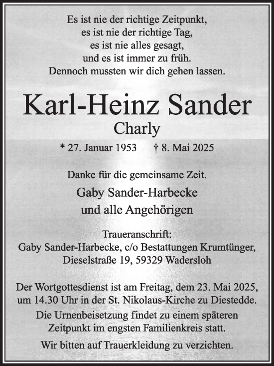 Traueranzeige von Karl-Heinz Sander von Die Glocke