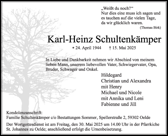 Traueranzeige von Karl-Heinz Schultenkämper von Die Glocke
