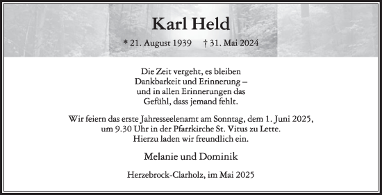 Traueranzeige von Karl Held von Die Glocke