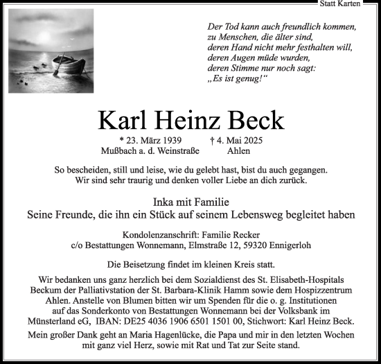 Traueranzeige von Karl Heinz Beck von Die Glocke