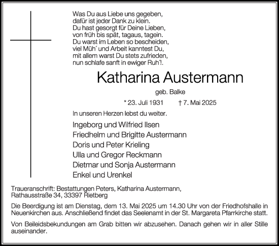 Traueranzeige von Katharina Austermann von Die Glocke
