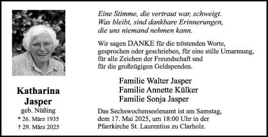 Traueranzeige von Katharina Jasper von Die Glocke