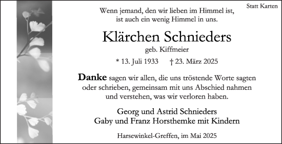 Traueranzeige von Klärchen Schnieders von Die Glocke