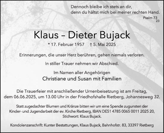 Traueranzeige von Klaus-Dieter Bujack von Die Glocke