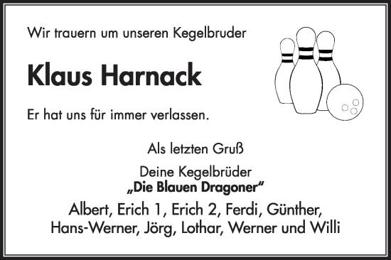Traueranzeige von Klaus Harnack von Die Glocke
