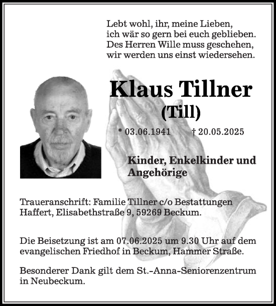 Traueranzeige von Klaus Tillner von Die Glocke