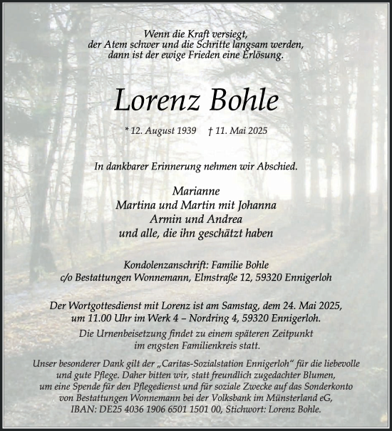 Traueranzeige von Lorenz Bohle von Die Glocke