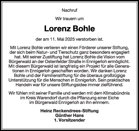 Traueranzeige von Lorenz Bohle von Die Glocke