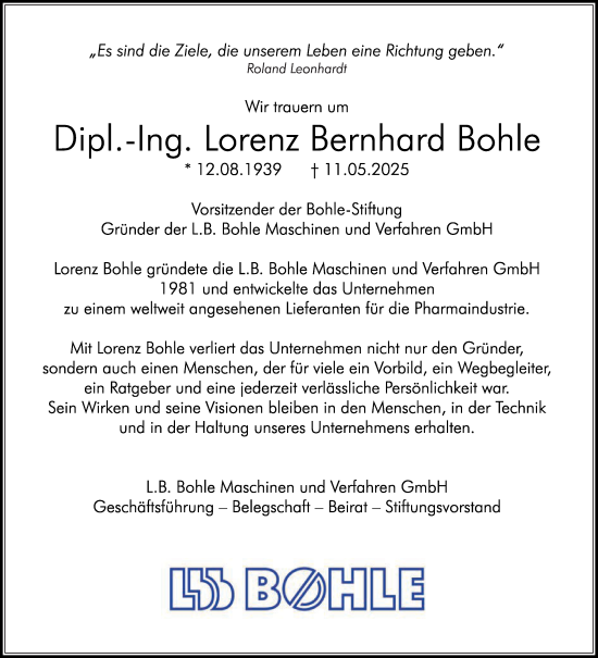 Traueranzeige von Lorenz Bernhard Bohle von Die Glocke