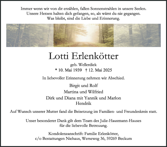 Traueranzeige von Lotti Erlenkötter von Die Glocke