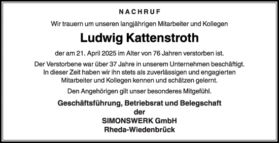 Traueranzeige von Ludwig Kattenstroth von Die Glocke