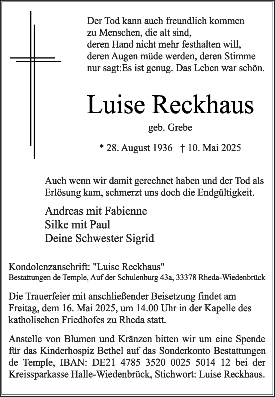 Traueranzeige von Luise Reckhaus von Die Glocke
