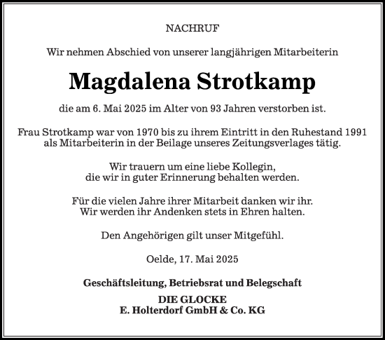 Traueranzeige von Magdalena Strotkamp von Die Glocke