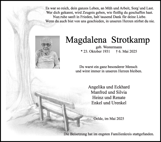 Traueranzeige von Magdalena Strotkamp von Die Glocke