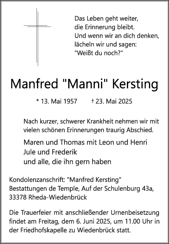 Traueranzeige von Manfred Kersting von Die Glocke