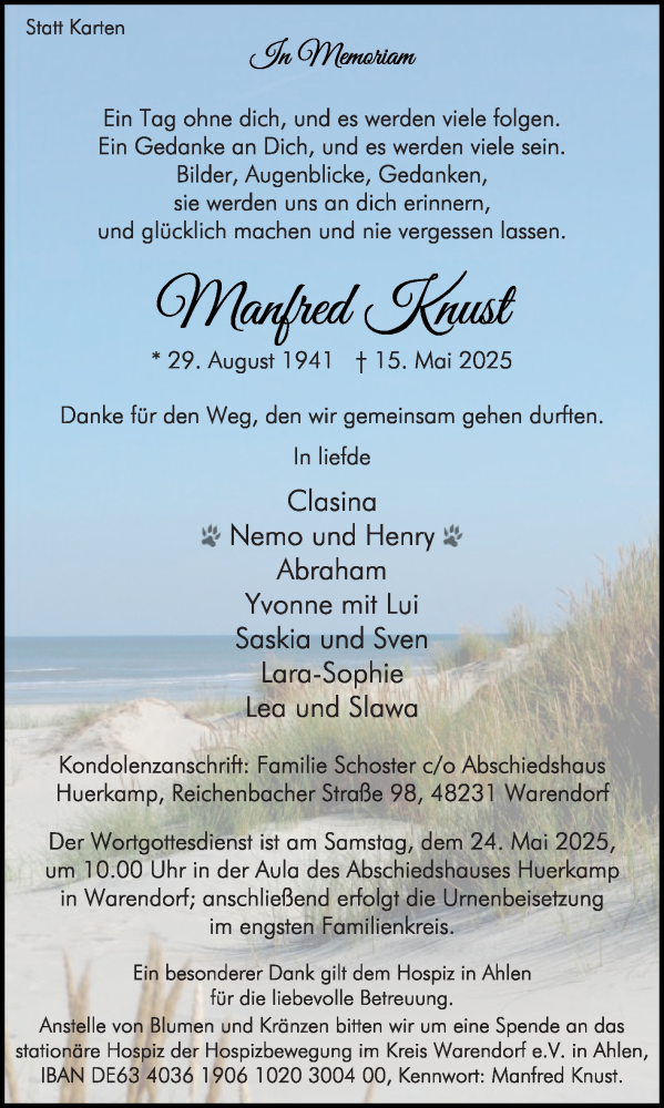  Traueranzeige für Manfred Knust vom 17.05.2025 aus Die Glocke