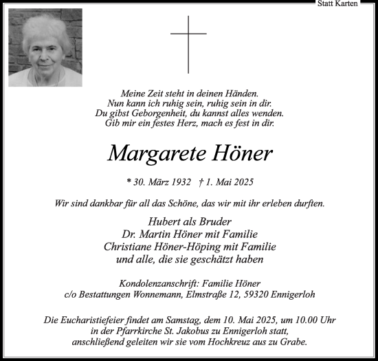 Traueranzeige von Margarete Höner von Die Glocke