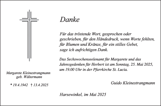 Traueranzeige von Margarete Kleinestrangmann von Die Glocke